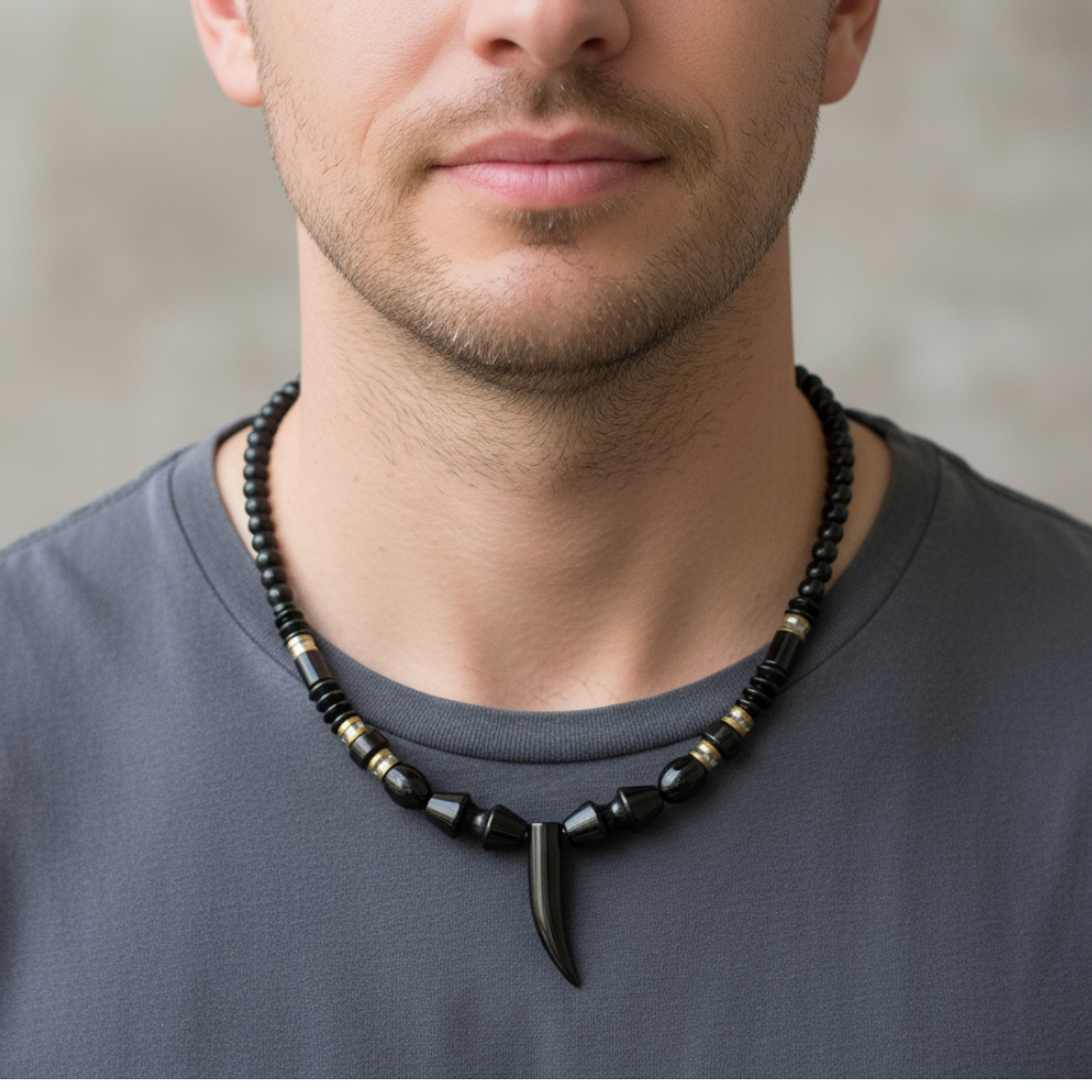 Mens Hematite Necklace with Hematite Fang Pendant