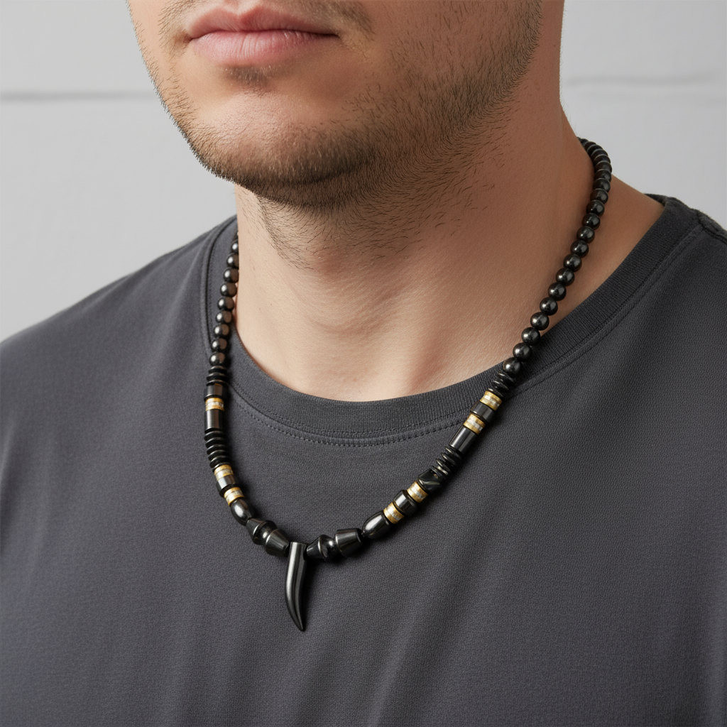 Mens Hematite Necklace with Hematite Fang Pendant