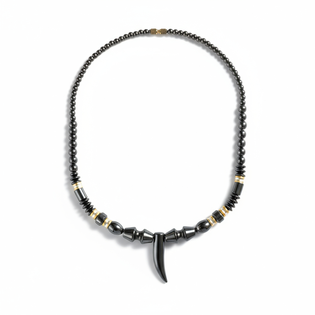 Mens Hematite Necklace with Hematite Fang Pendant
