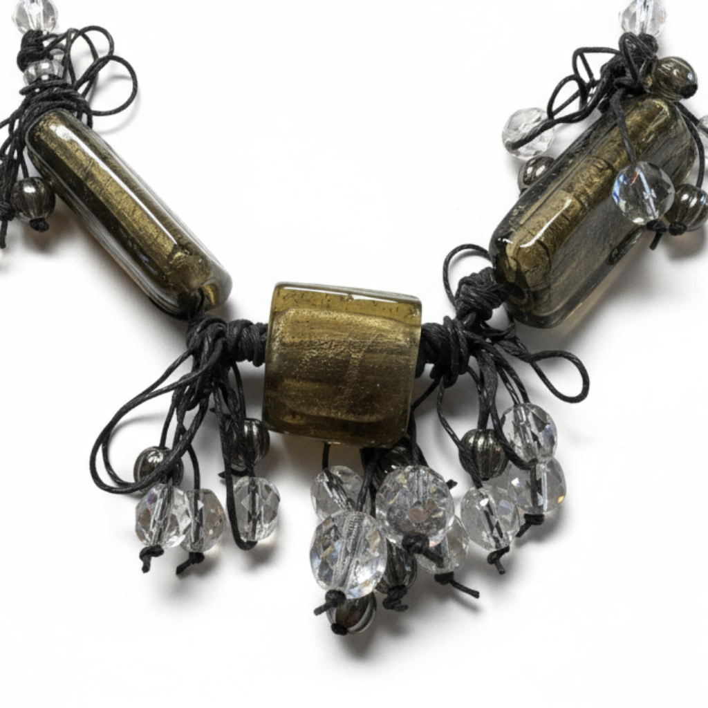Vintage Eclectic Tassel Necklace: Green & Bronze Mixed Beads