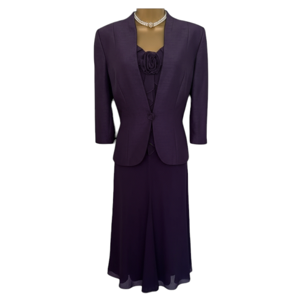 Jacques Vert Dark Purple Occasion Dress Jacket Suit UK 12