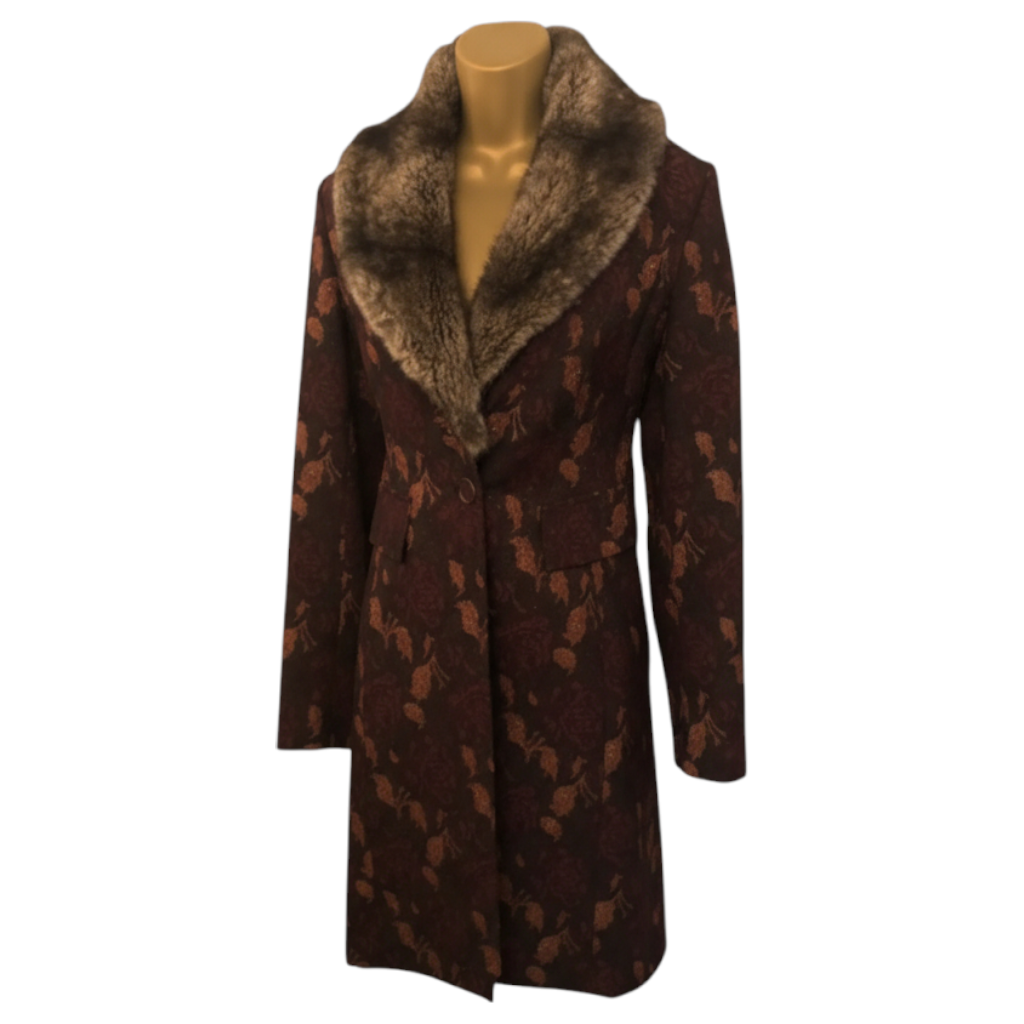 Karen Millen Vintage Floral Brocade Faux Fur Collar Coat UK 8