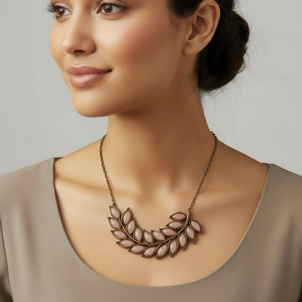Creamy Peach Leaf Pattern Collar Statement Necklace