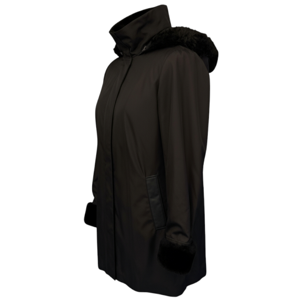 Andrew Marc New York Black Faux Fur Lined Hooded Coat UK 10