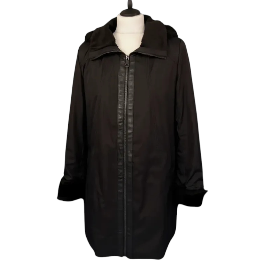 Andrew Marc New York Black Faux Fur Lined Hooded Coat UK 10