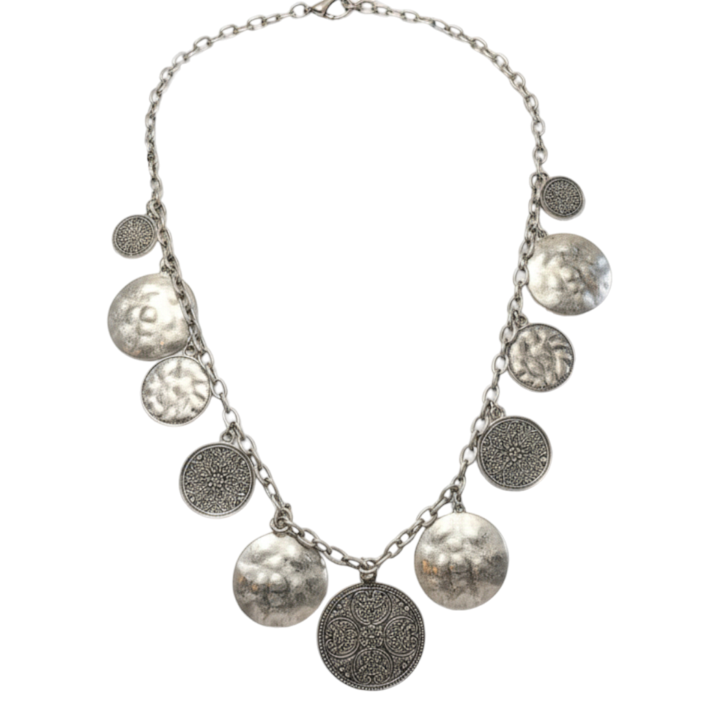 Vintage Beaten & Patterned Metal Disc Necklace
