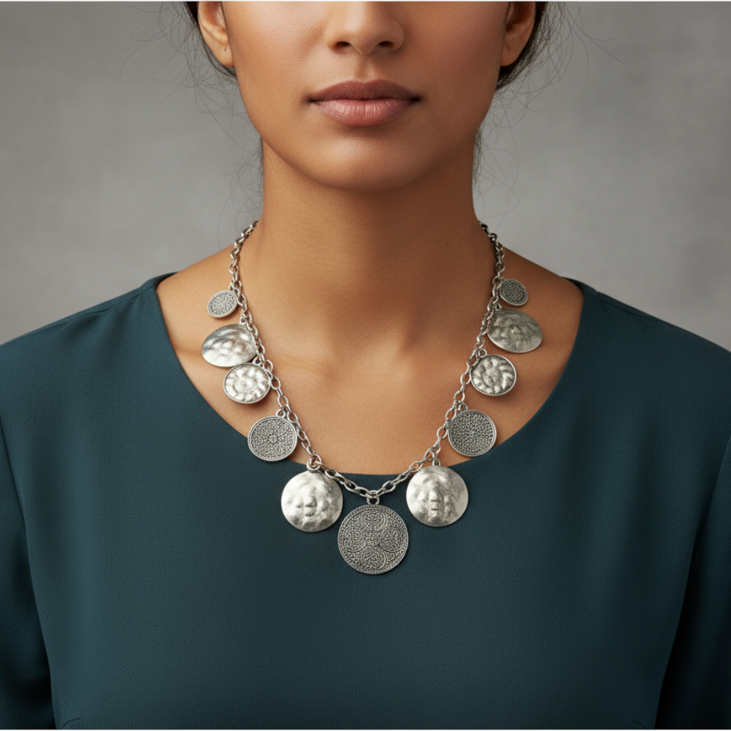 Vintage Beaten & Patterned Metal Disc Necklace