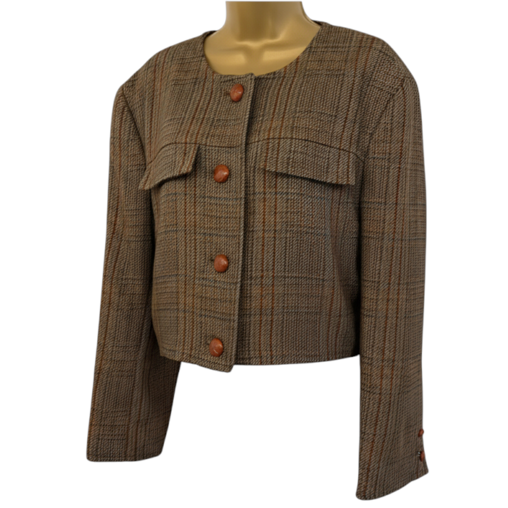 Mondi Vintage Brown Wool Check Tweed Box Jacket 1980's UK 8