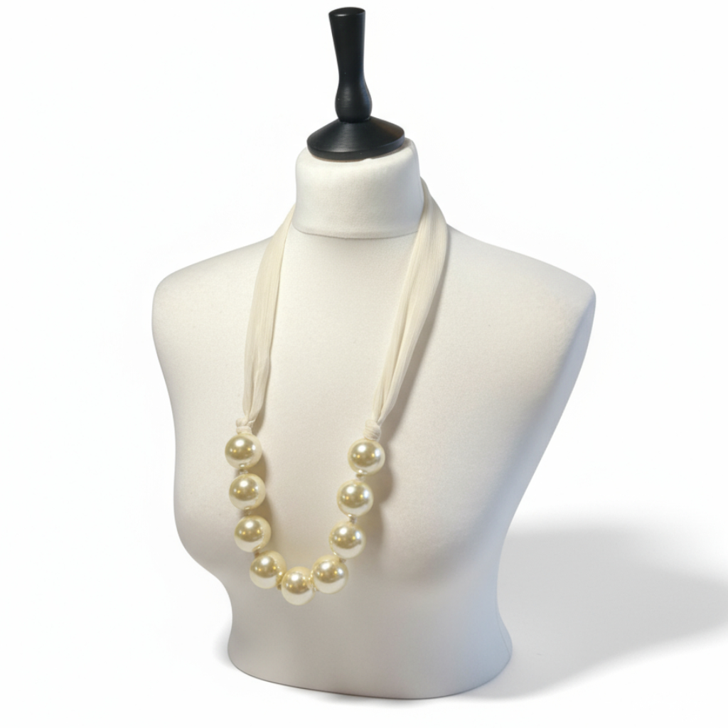 Vintage Large Faux Pearl Hand Knotted Long Bead Tie Necklace