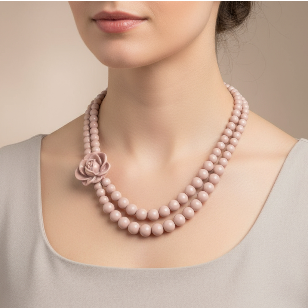 Vintage Two Strand Creamy Pink Beaded Rose Necklace