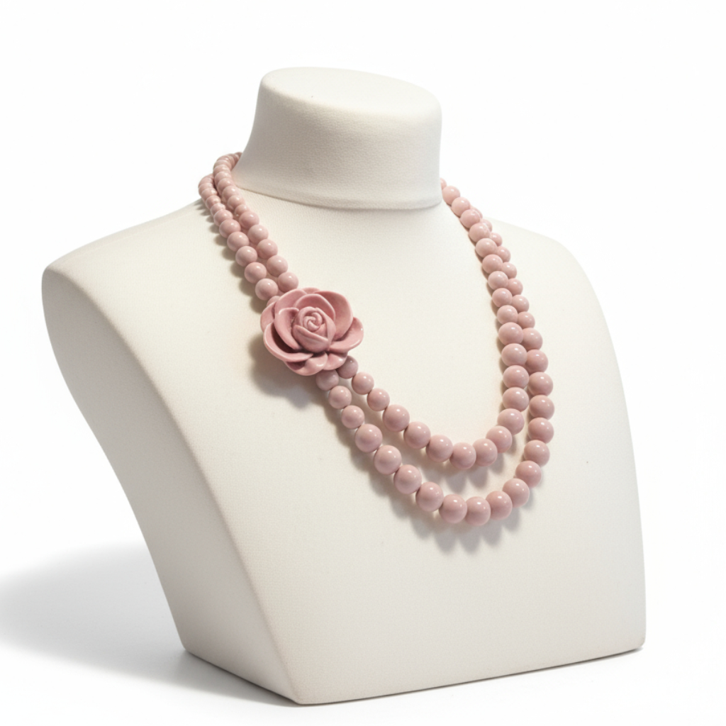Vintage Two Strand Creamy Pink Beaded Rose Necklace