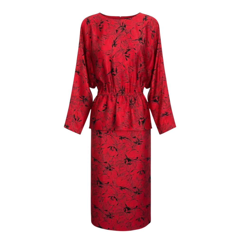 Radley Vintage Red Silky 1980's Peplum Dress UK 12