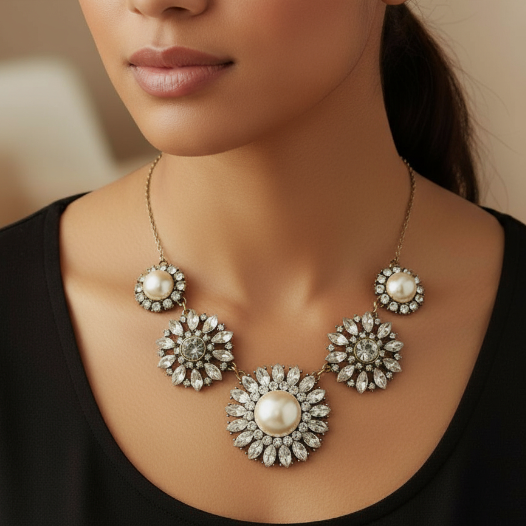Unique Statement Rhinestones & Faux Pearls Necklace