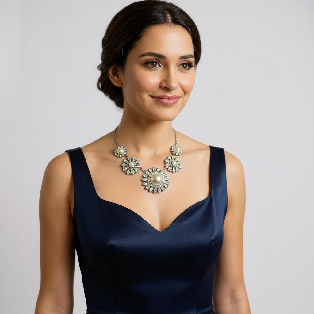 Unique Statement Rhinestones & Faux Pearls Necklace