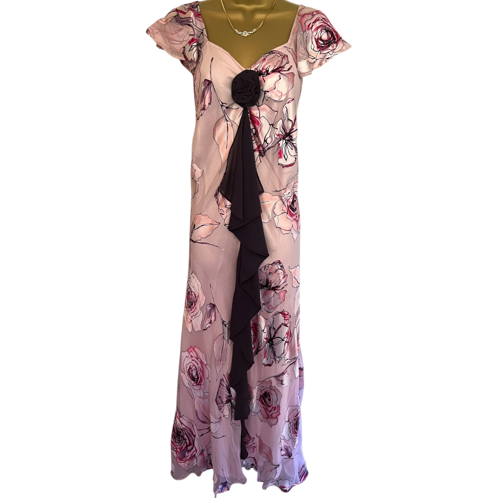 Jacques Vert Pink Floral Silk Devore Maxi Dress UK 14