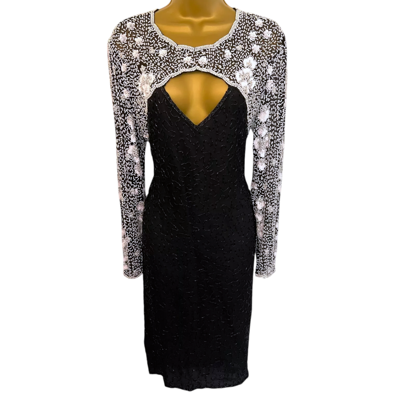 Laurence Kazar Vintage Black & White Beaded Dress 1980 UK 12