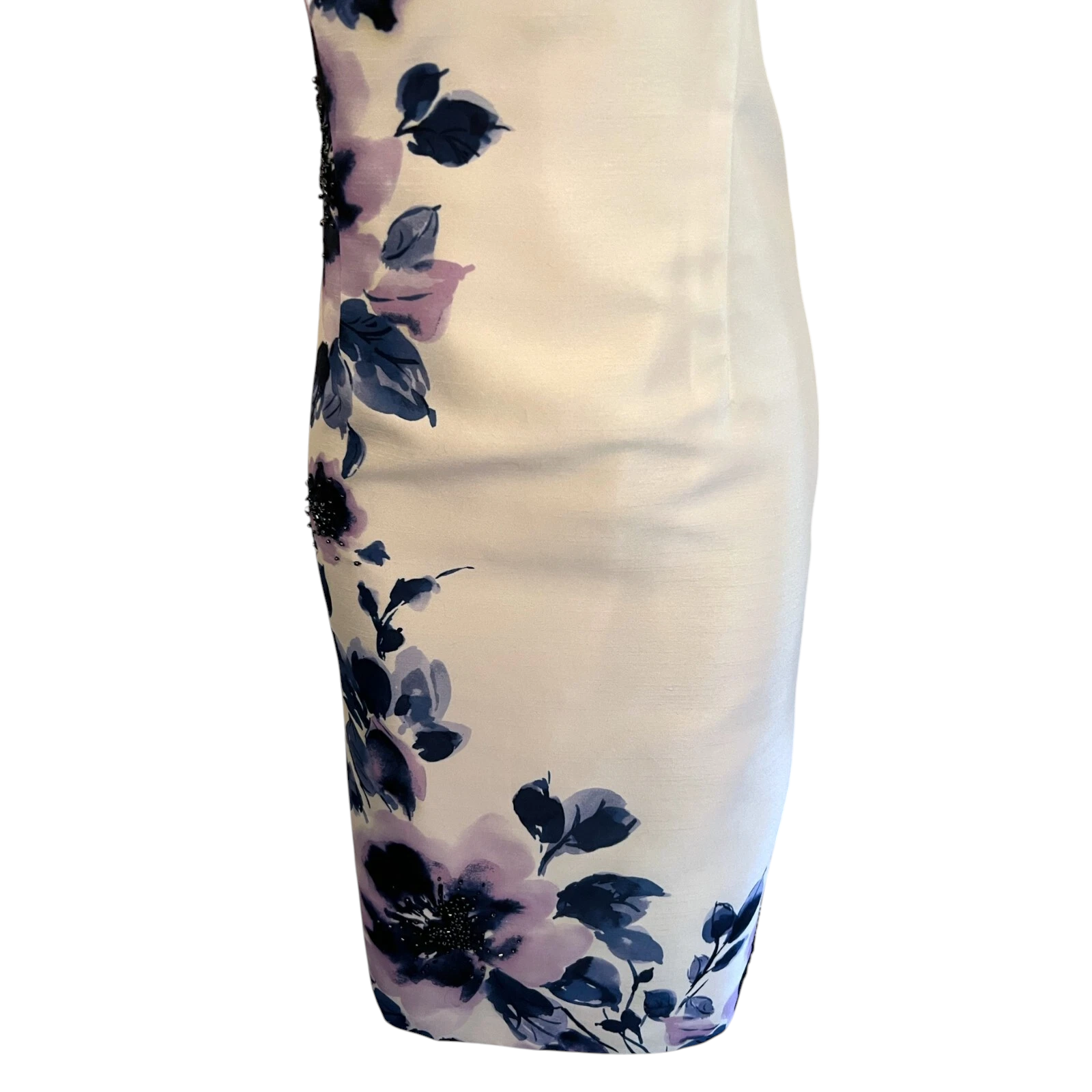 Jacques Vert Ivory Navy Lilac Floral Beaded Shimmer Dress UK 10
