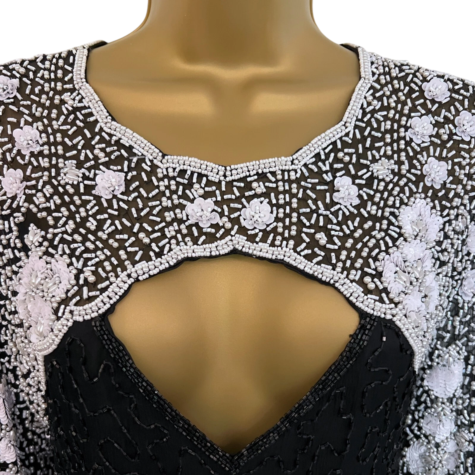 Laurence Kazar Vintage Black & White Beaded Dress 1980 UK 12