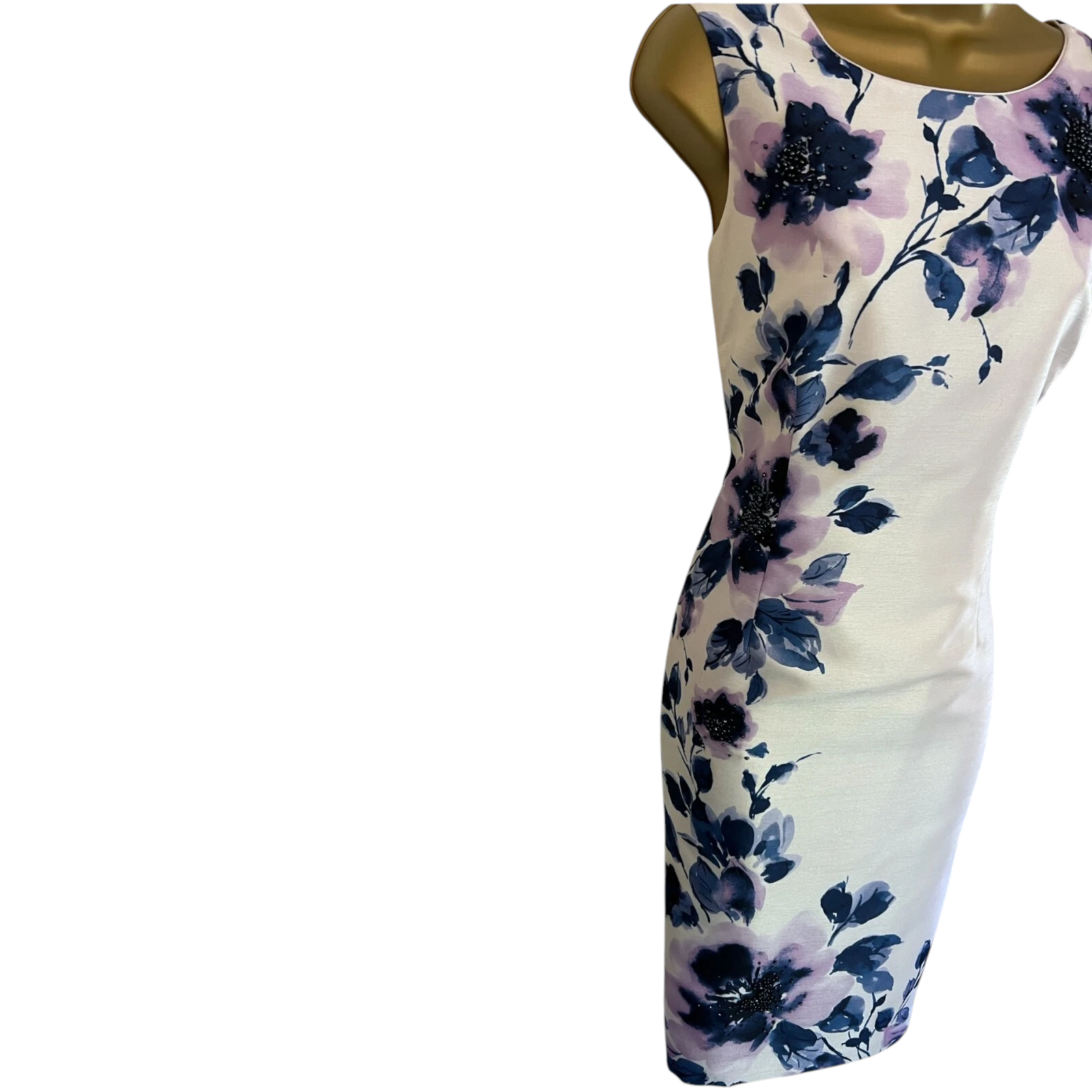 Jacques Vert Ivory Navy Lilac Floral Beaded Shimmer Dress UK 10