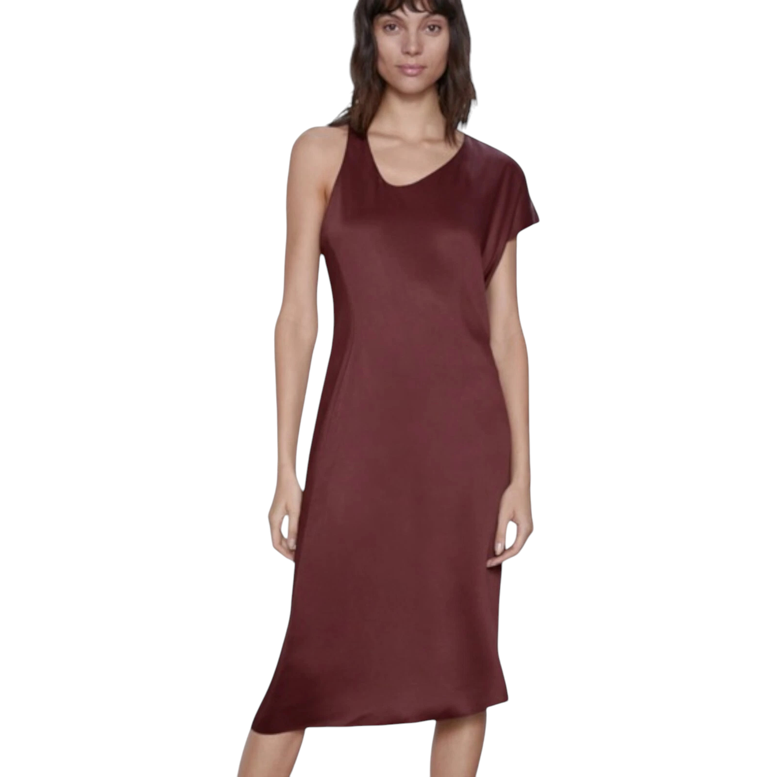 Zara Burgundy Asymmetrical Midi Silky Slip Dress UK 14
