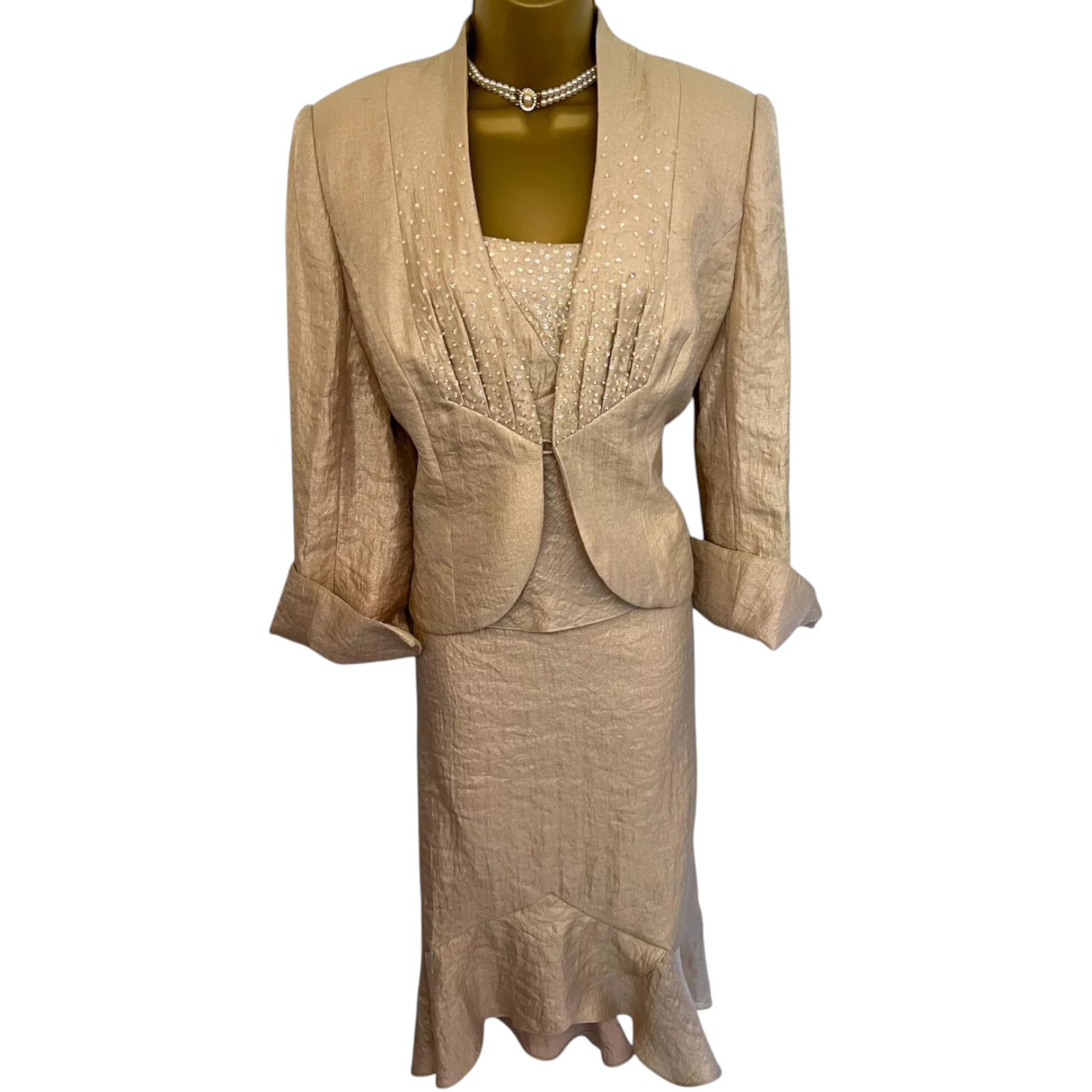 Frank Usher Pale Gold Shimmer 3 Piece Skirt Suit UK 14