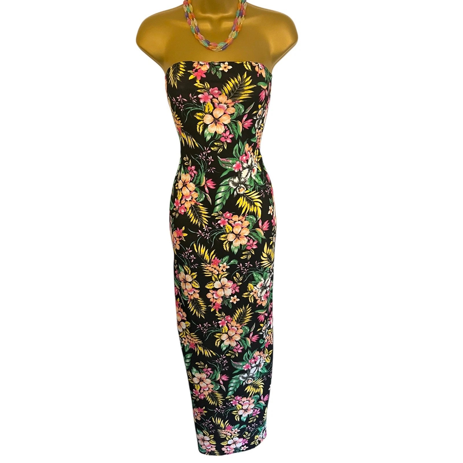 Boohoo Black Tropical Floral Bandeau Maxi Dress UK 12