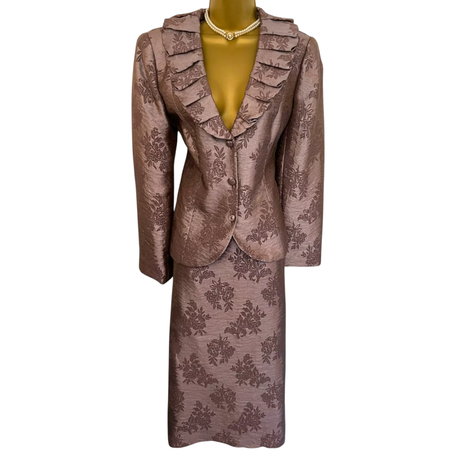 Gina Bacconi Dusky Mauve Jacquard Skirt Suit UK 14
