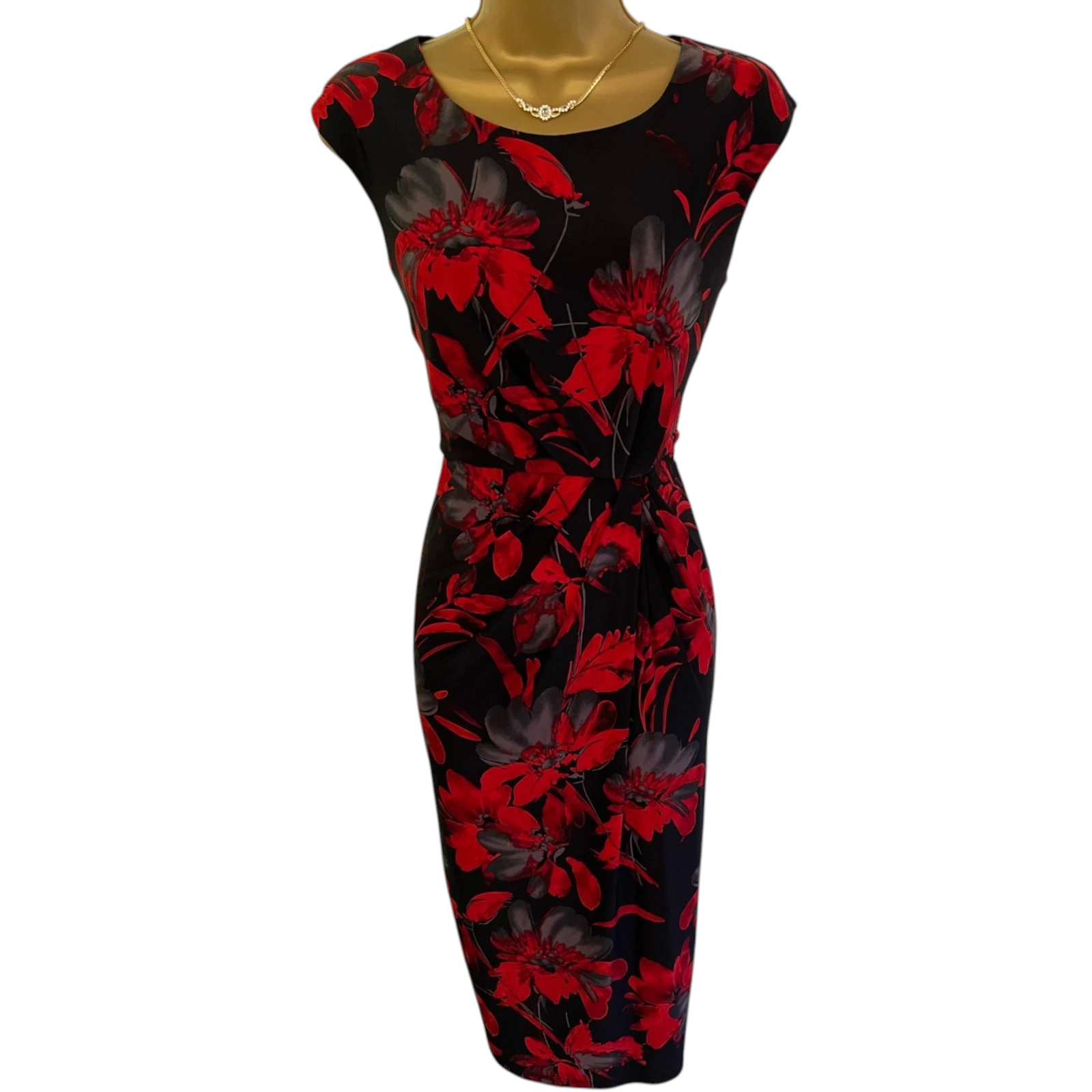 Precis Red Black Floral Sleeveless Silky Dress UK 10