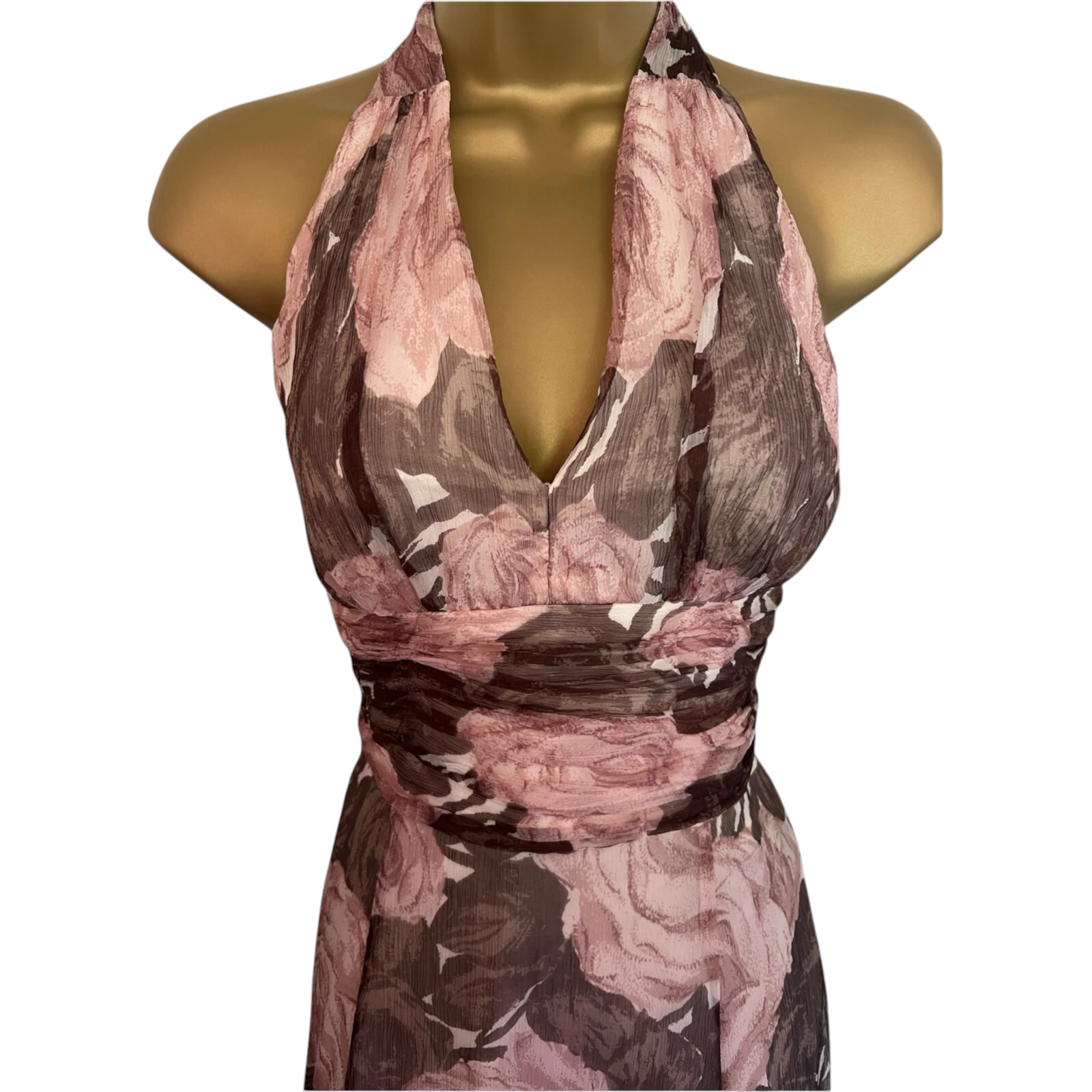 Coast Dusky Pink & Brown Floral Silk Halter Neck Dress UK 10