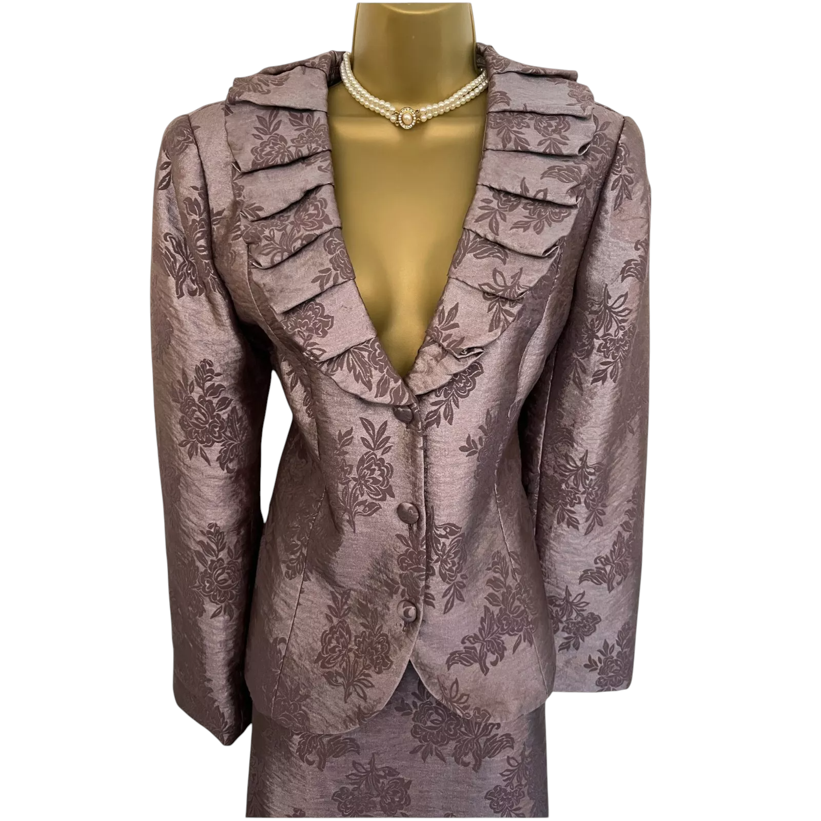 Gina Bacconi Dusky Mauve Jacquard Skirt Suit UK 14