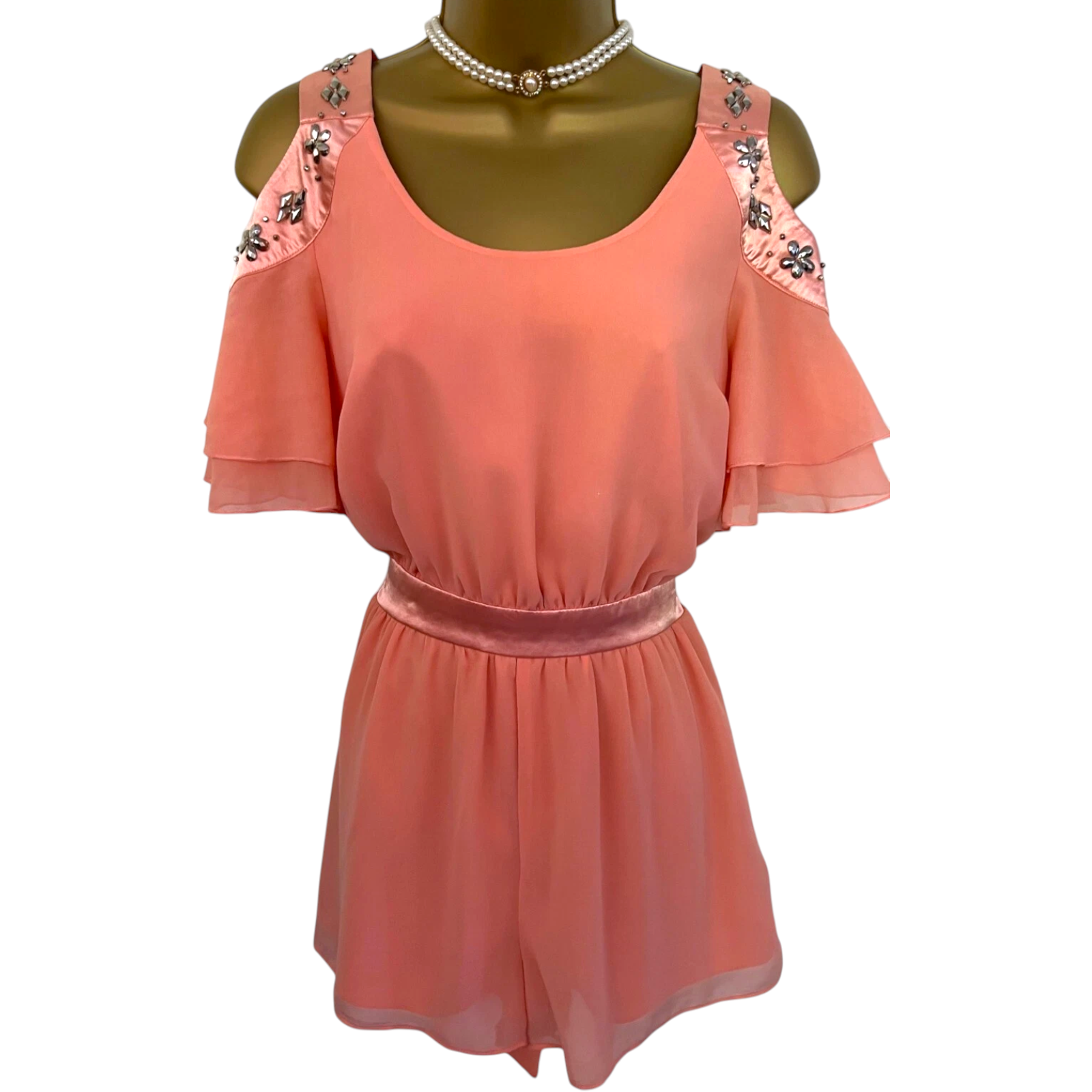 Pixie Lott LIPSY Peach Chiffon Beaded Playsuit UK 10