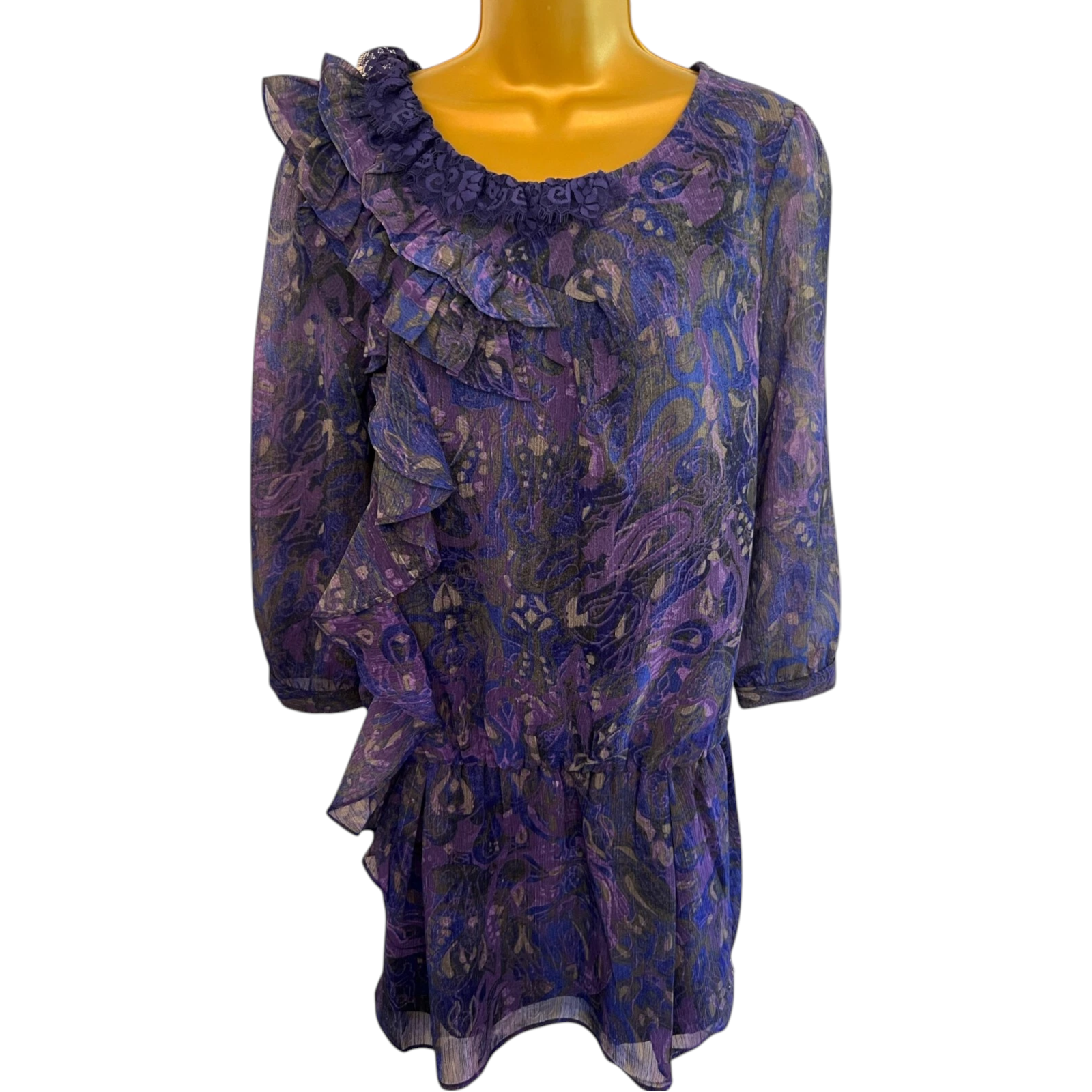 DKNY Jeans Purple Blue Ruffle Chiffon Drop Waist Mini Dress UK 10