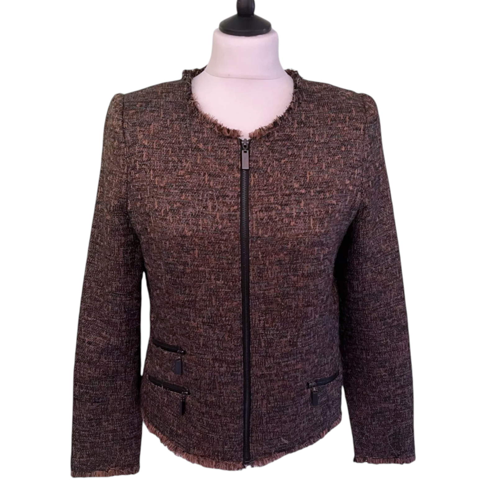 Gharani Strok Brown Tweed Frayed Zip Jacket  UK 12
