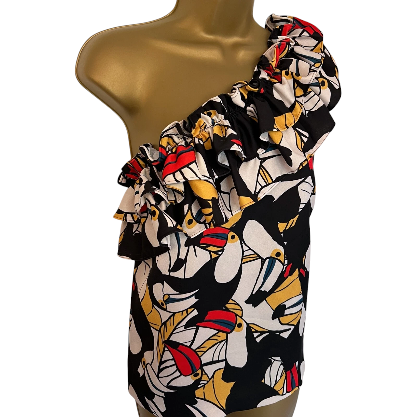 Issa Multicoloured Toucan One Shoulder Ruffle Top UK 12