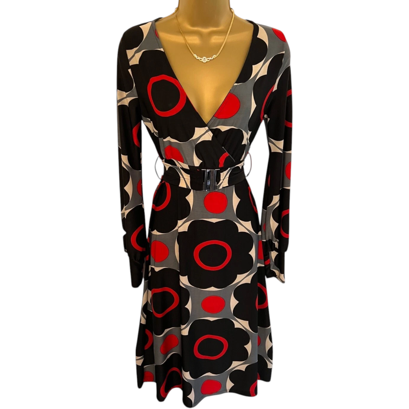 Cream Red Black Grey Geometric Stretch Dress  UK 6