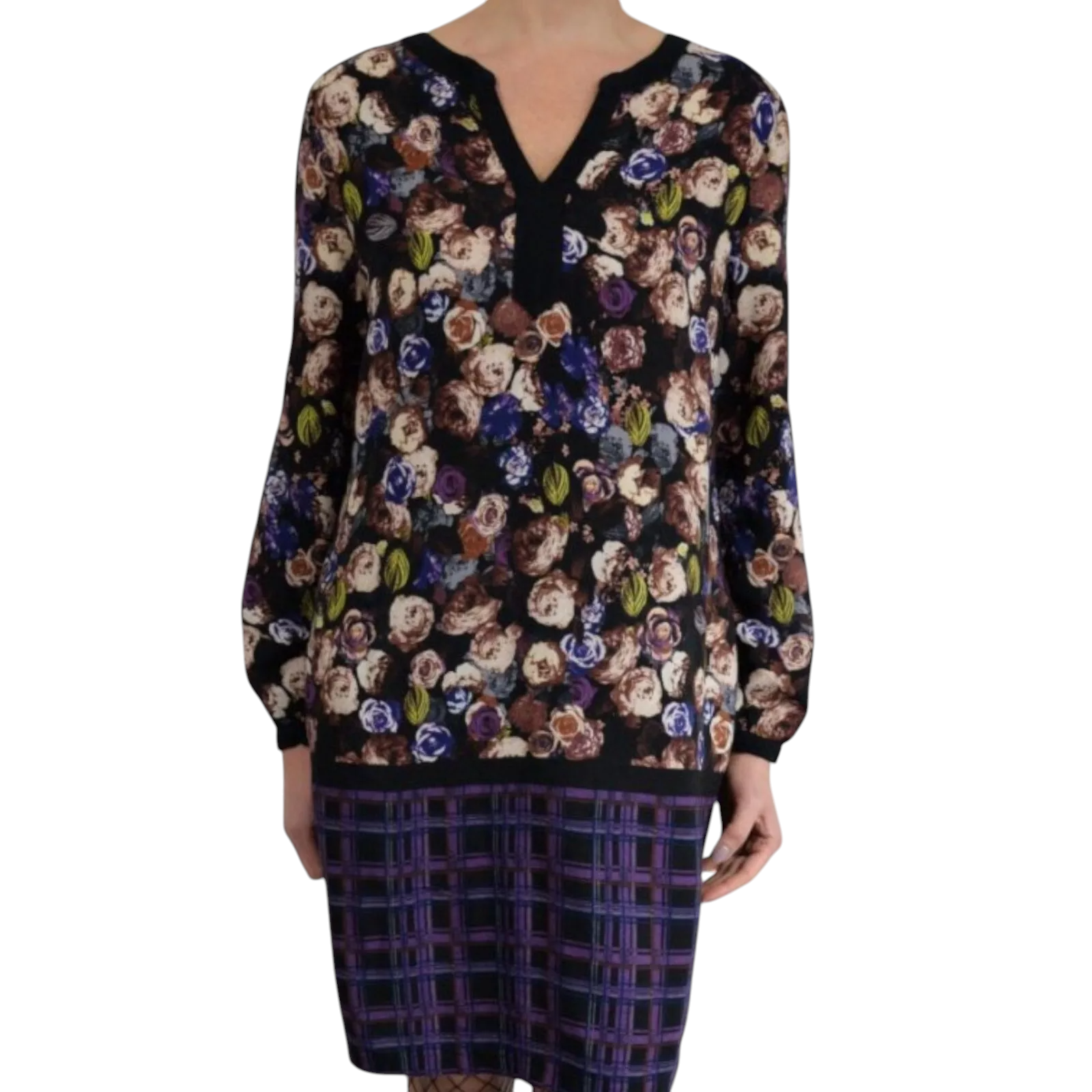 M&S Collection Purple Black Check & Floral Dress UK 14