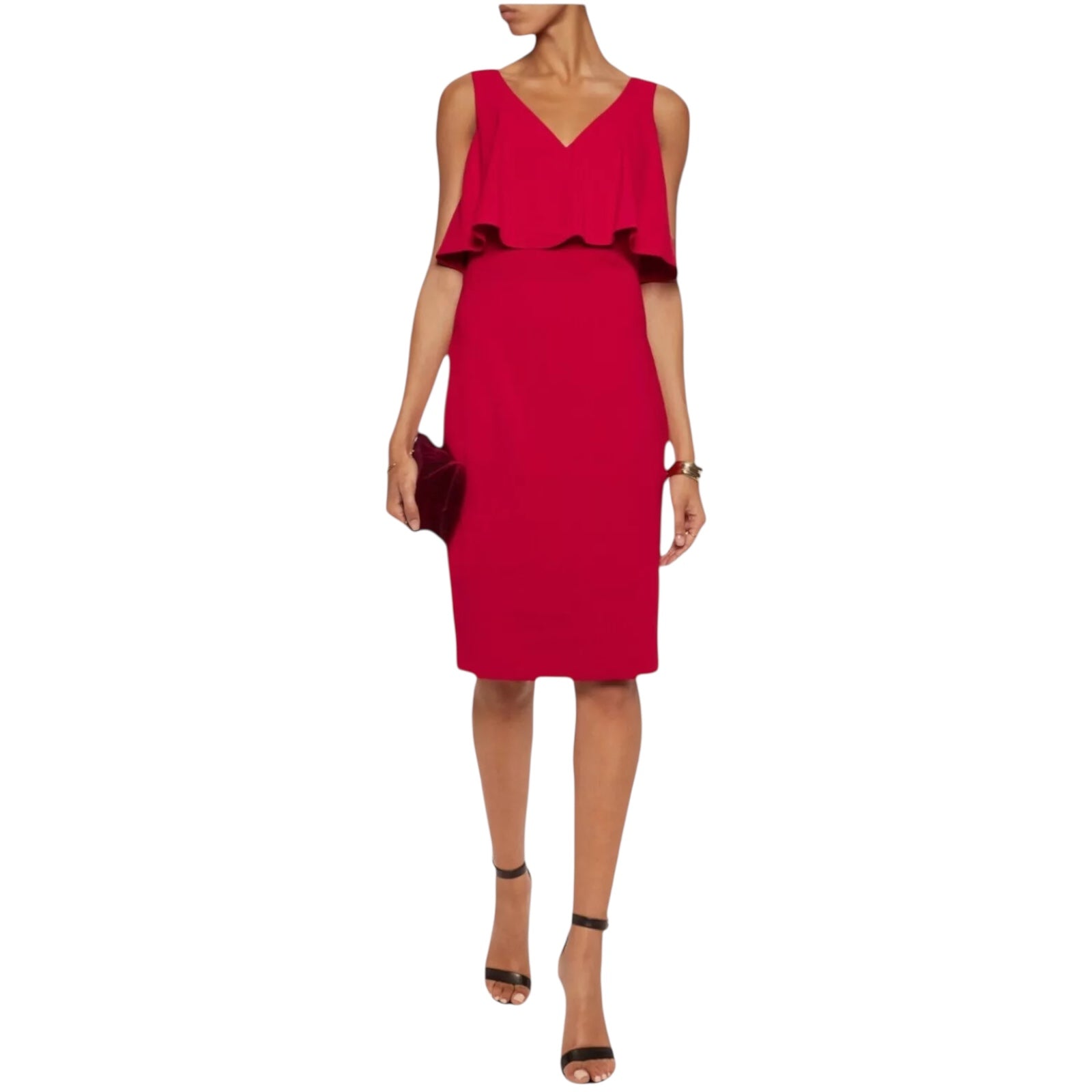 Badgley Mischka Red Crepe Sleeveless Open Back Overlay Dress UK 10