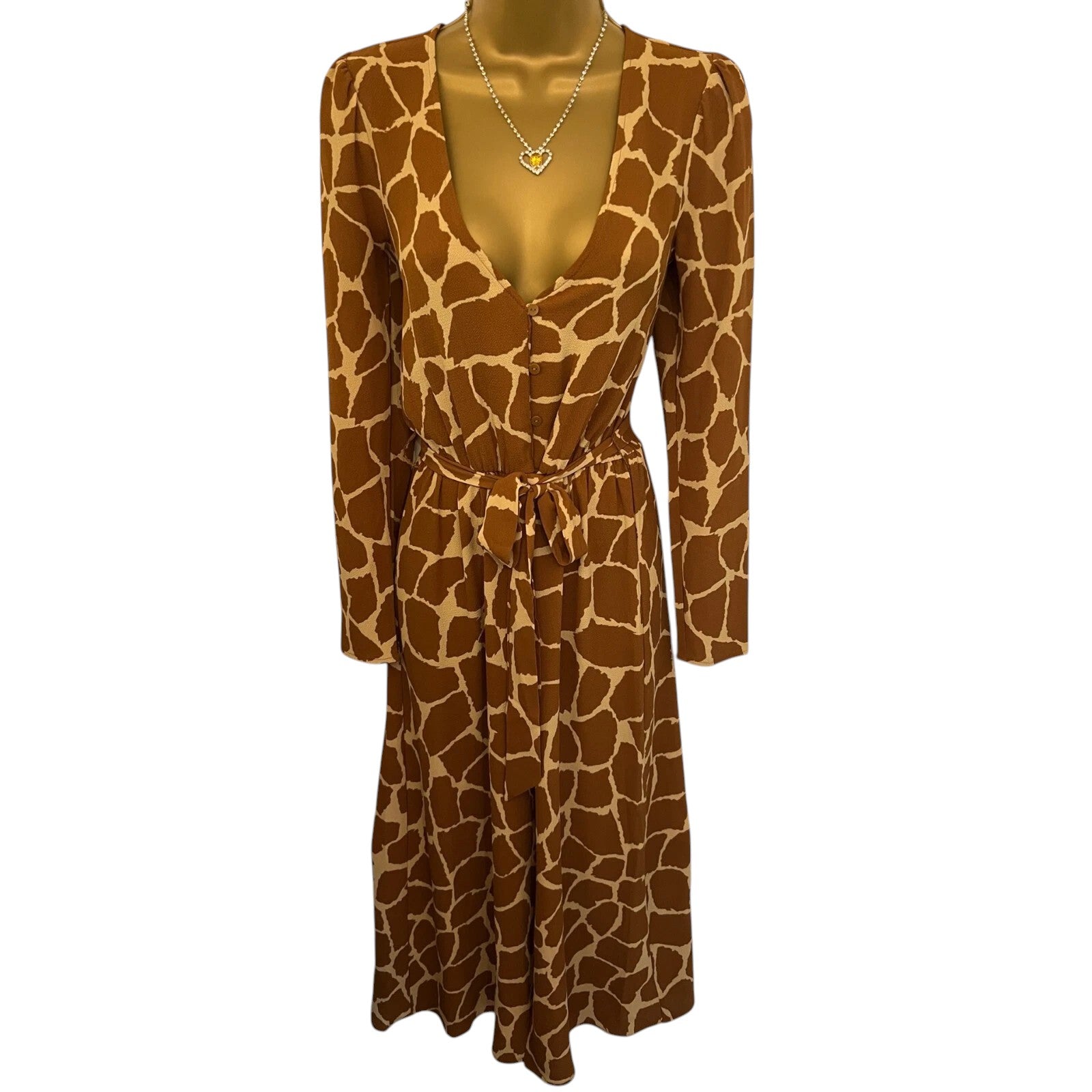 Monki Tan & Cream Giraffe Print Belted Dress UK 6