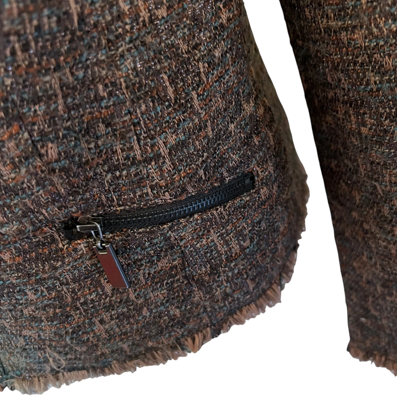 Gharani Strok Brown Tweed Frayed Zip Jacket  UK 12
