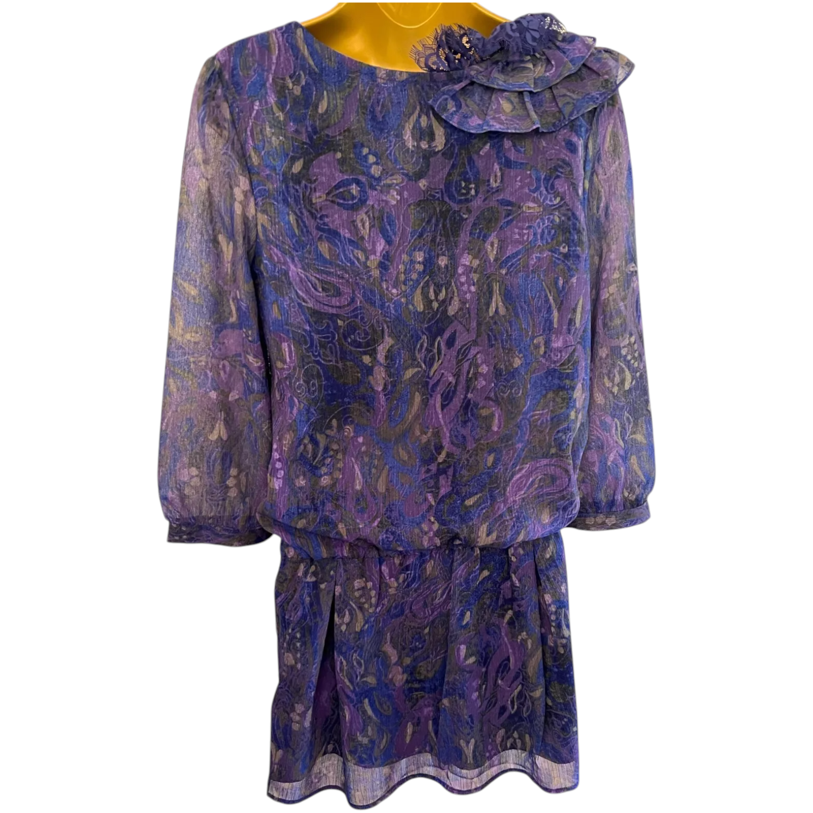 DKNY Jeans Purple Blue Ruffle Chiffon Drop Waist Mini Dress UK 10