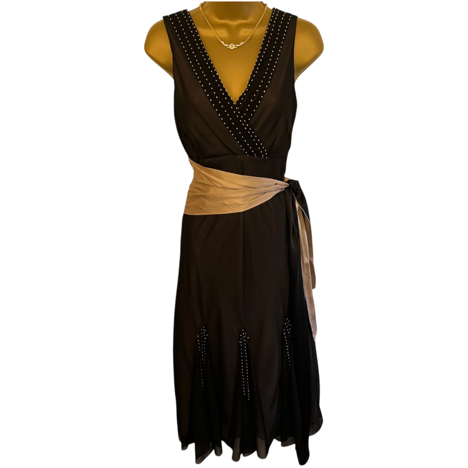 Coast Black & Champagne Silk Tie Beaded Dress UK 10