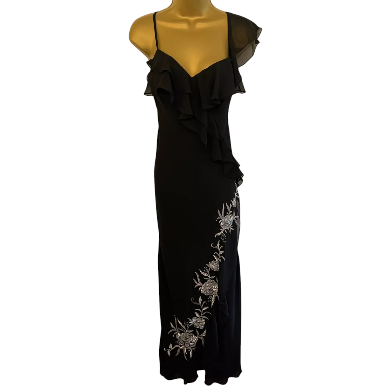 Debut Black Chiffon Silver Floral Applique Dress UK 10