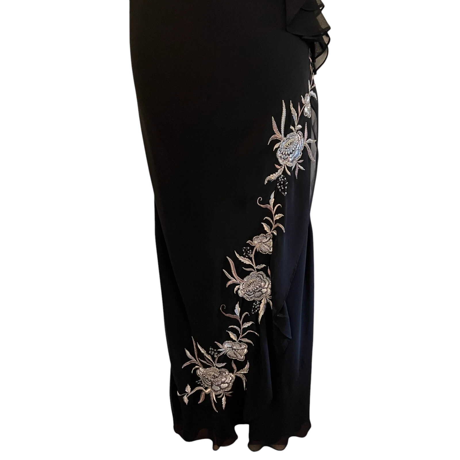 Debut Black Chiffon Silver Floral Applique Dress UK 10