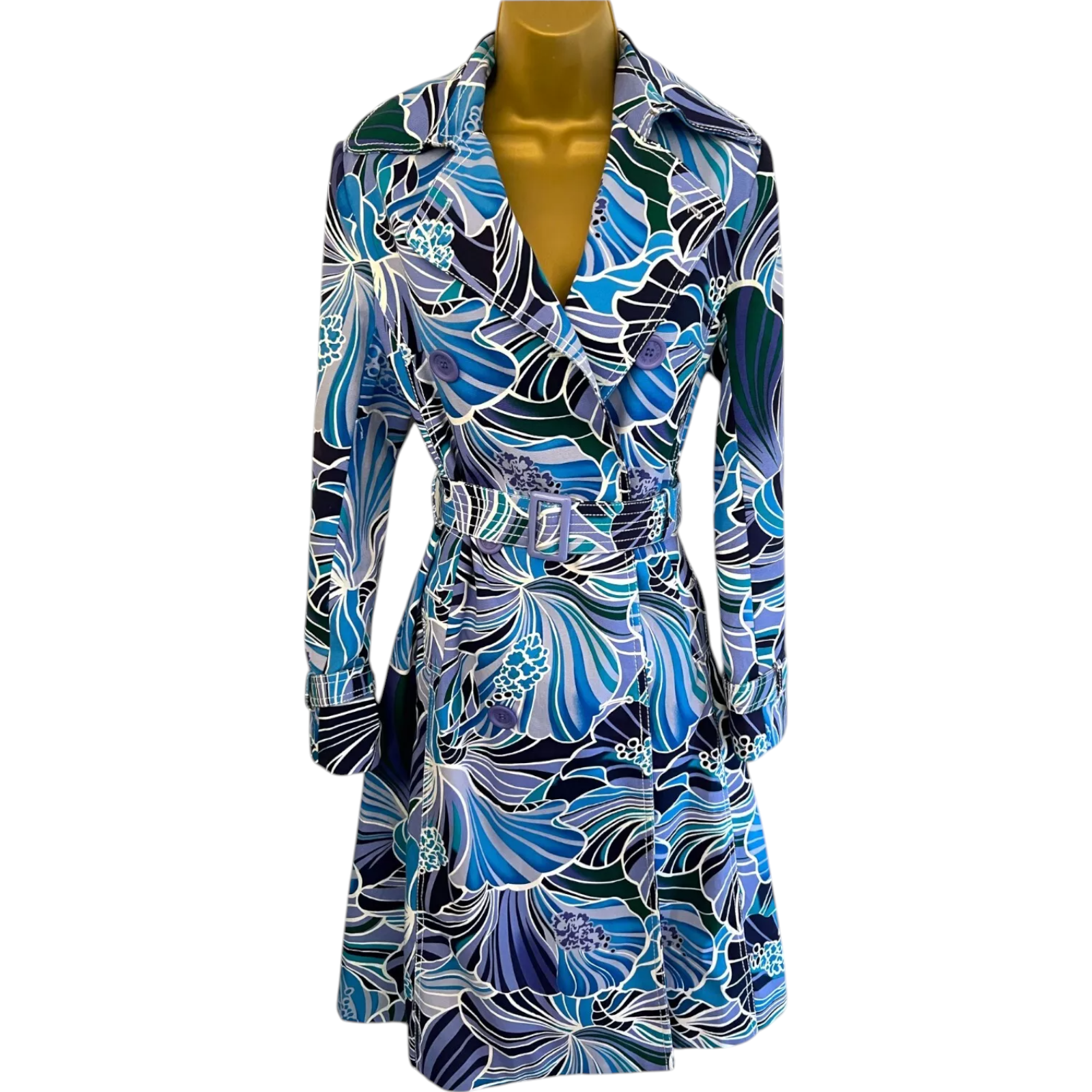 Max Mara Blue Floral Wool Belted Trench Coat UK 14