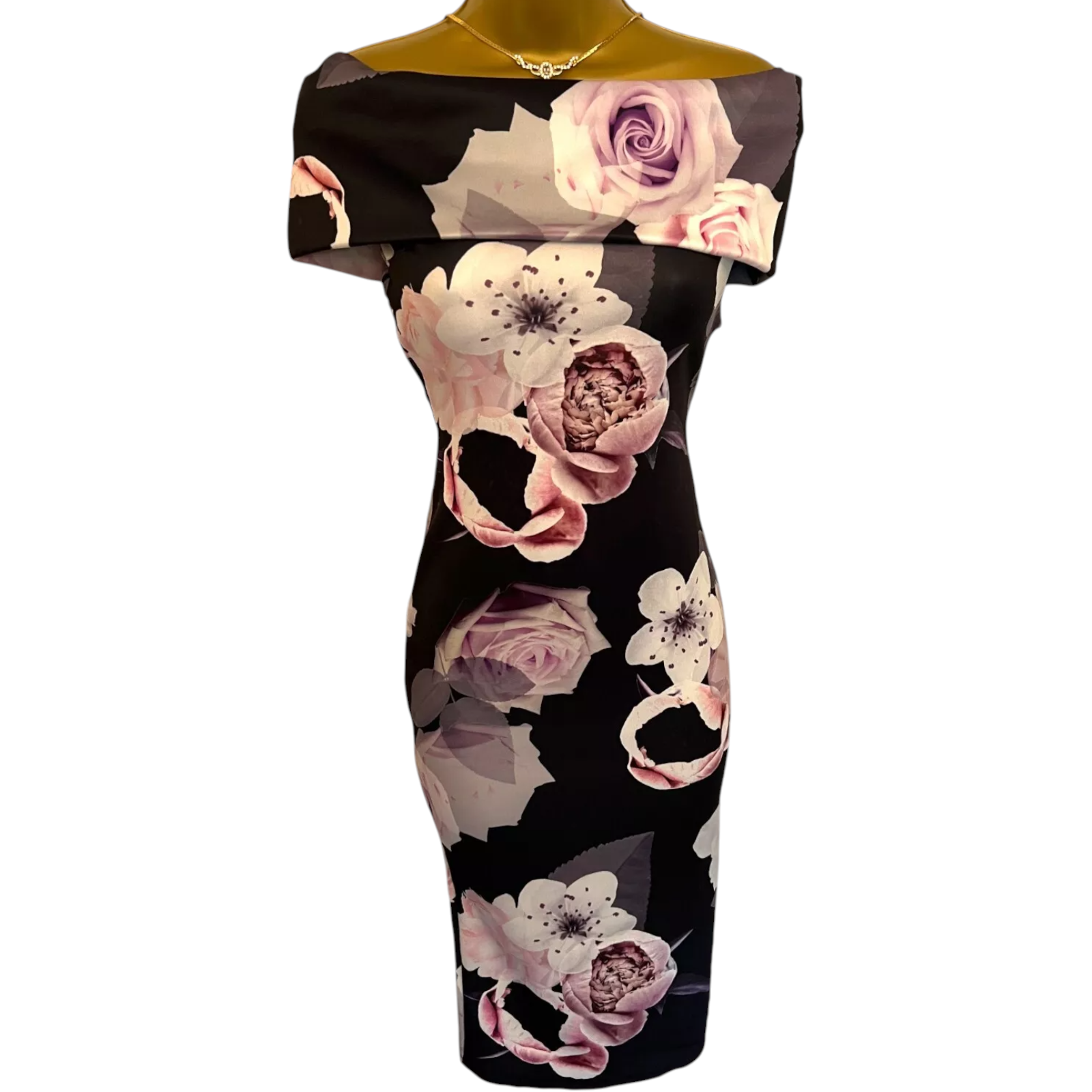 Misslook Black & Pink Floral Bardot Backless Dress UK 10