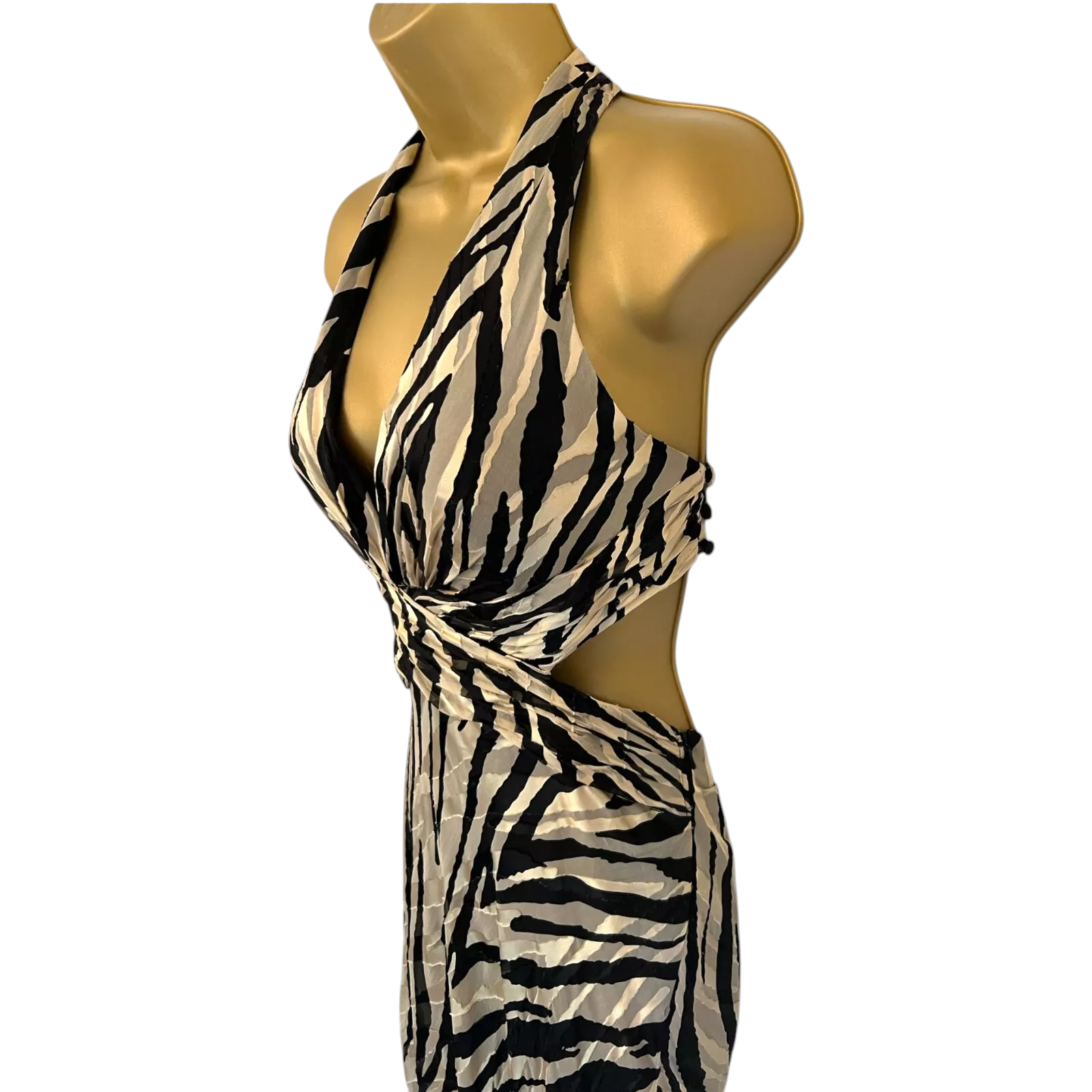 Dusk Frank Usher Gold Black Silk Halter Cocktail Maxi Dress UK 14
