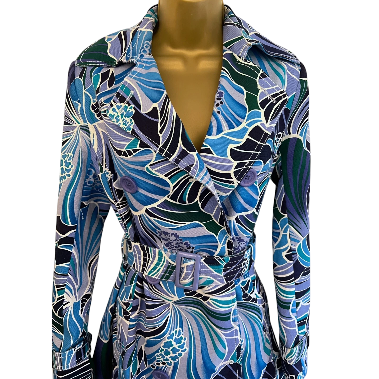 Max Mara Blue Floral Wool Belted Trench Coat UK 14