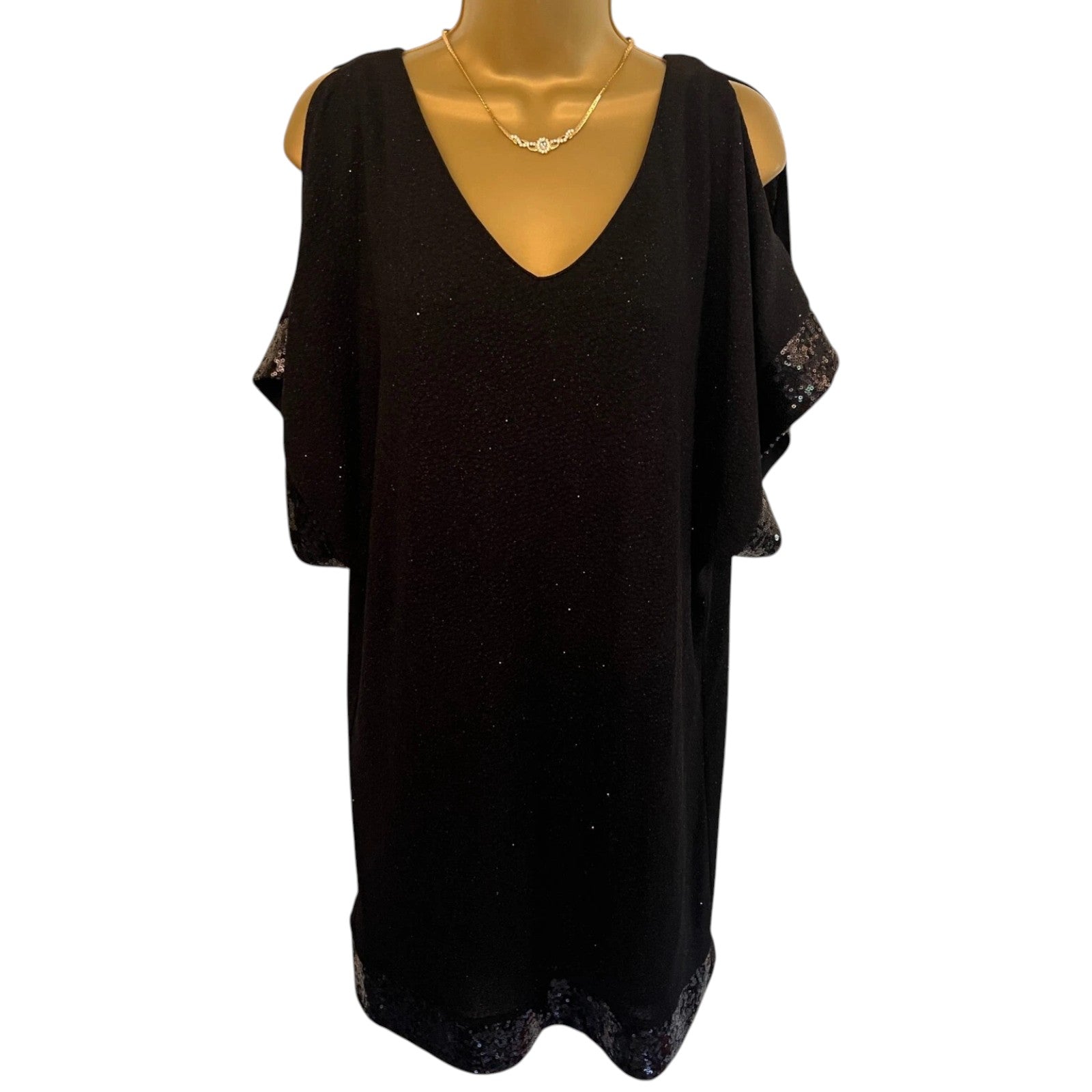 Billie & Blossom Petite Black Sequin Cold Shoulder Dress UK 8