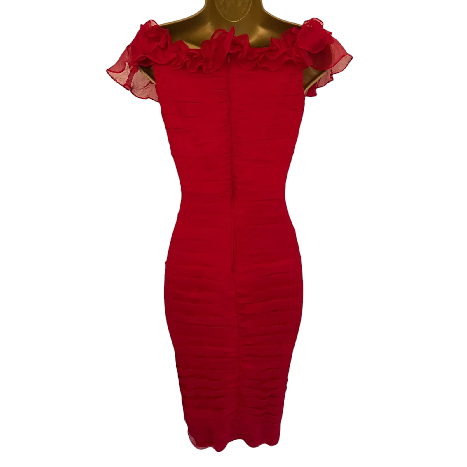Tadashi Red Silk Sleeveless V Neck Ruffle Dress UK 6