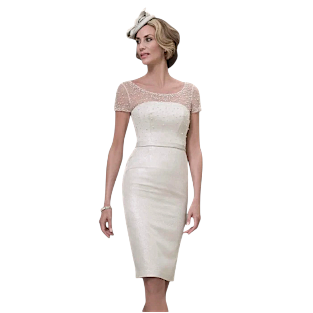 John Charles White Gold Beaded Organza Wedding Dress Suit UK 14